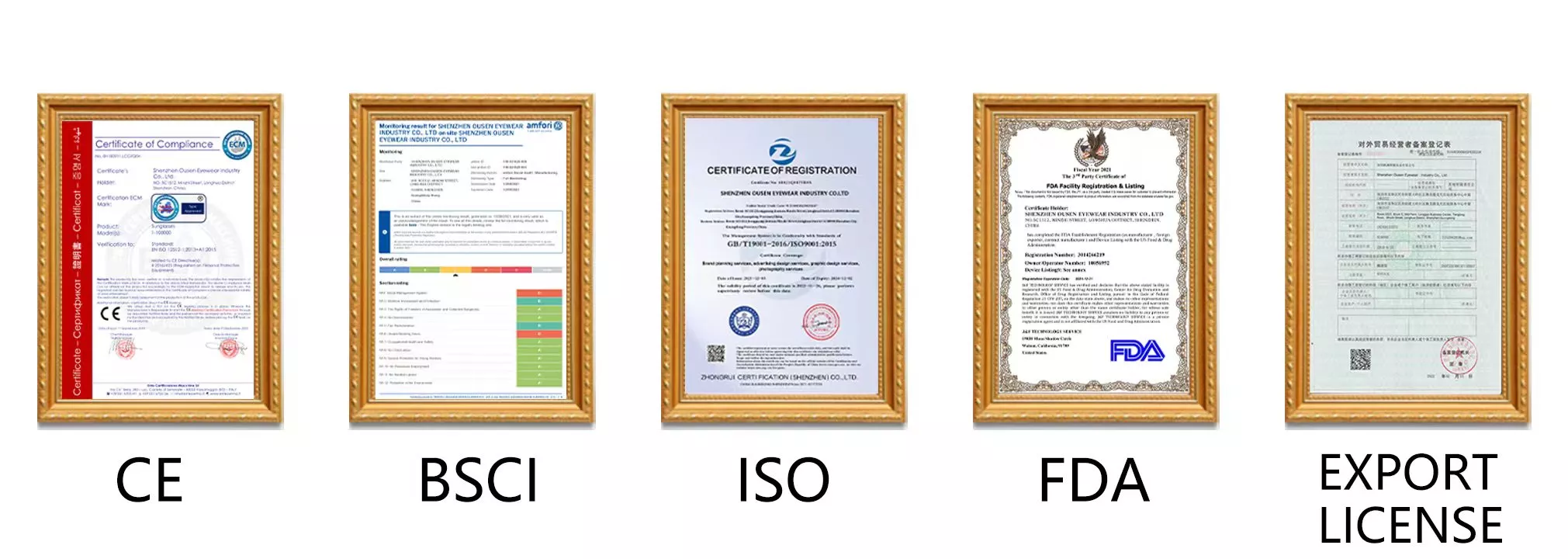 Eyewear Manufacturer Qualification CE/FAD/BSCI/ISO